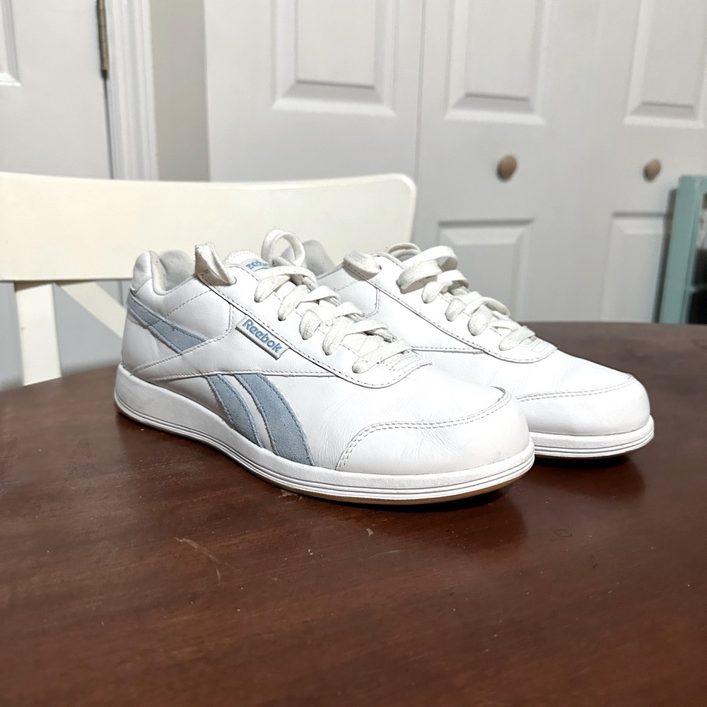 Size 8 - Women’s  Reebok  White Leather & Baby Blue sneakers